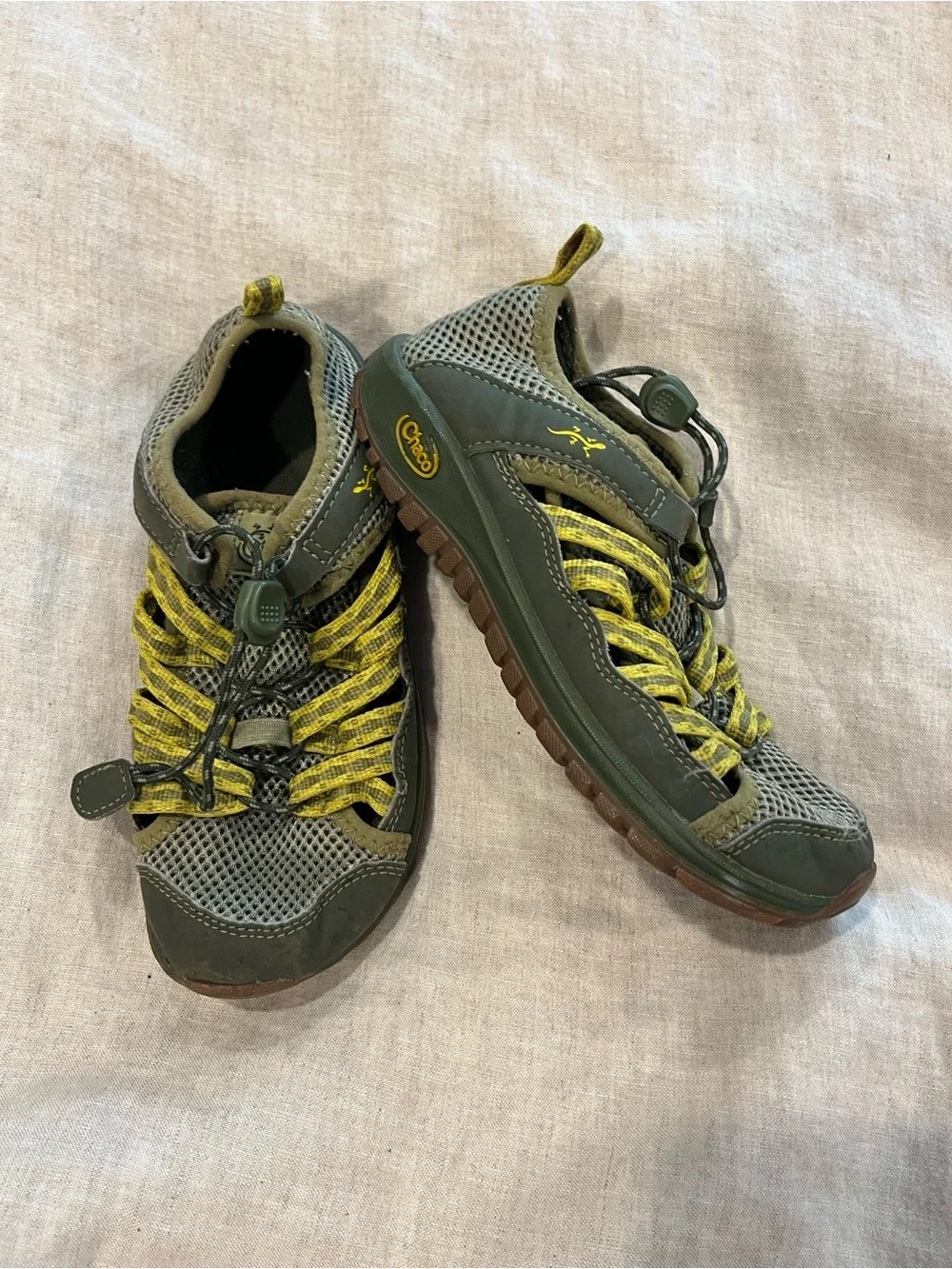 Chaco kids Athletic Trail Shoes in Olive Green and Yellow Accent